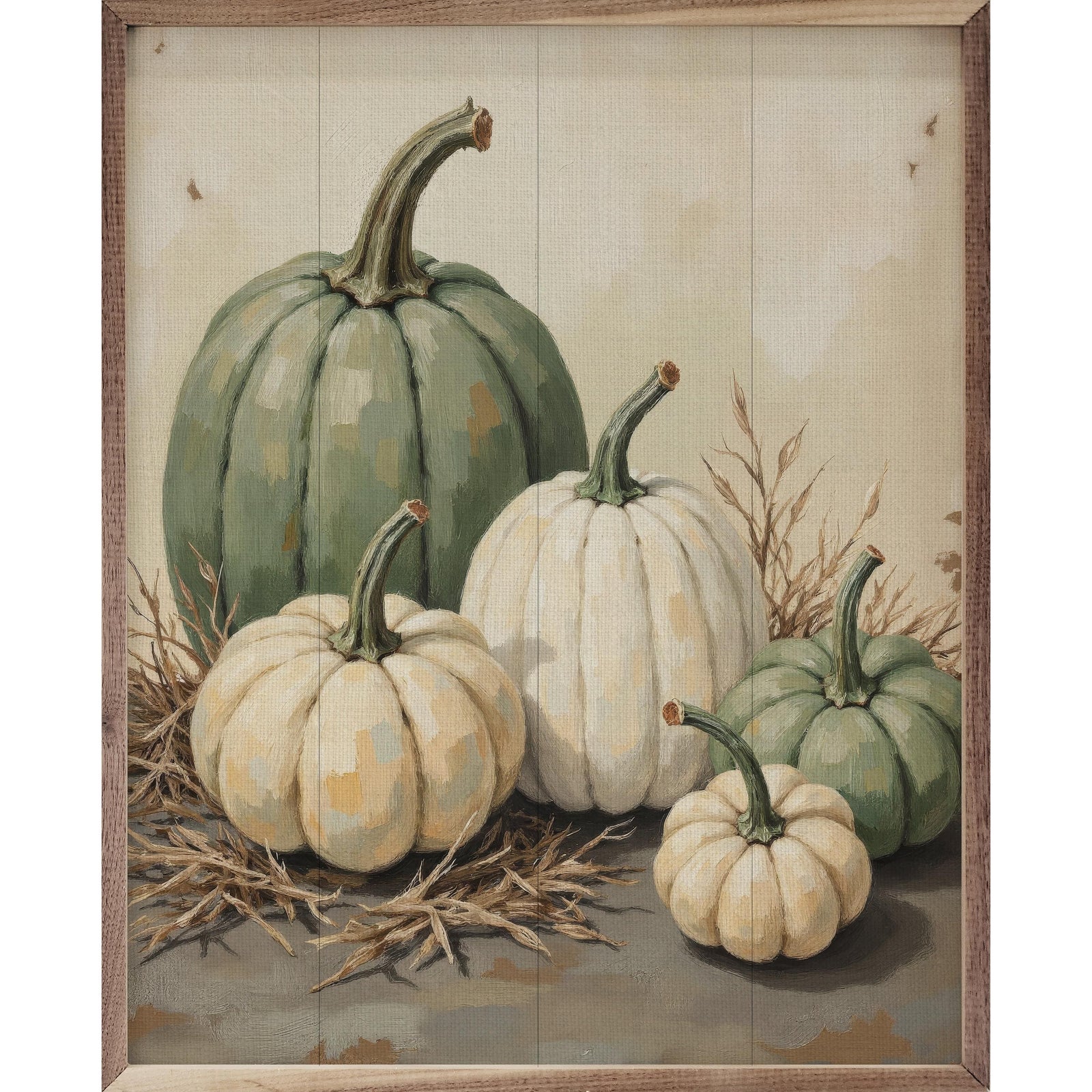 Kendrick Home Walnut Frames 8x10 Green And White Pumpkins In Straw Printed and Framed Wall Sign