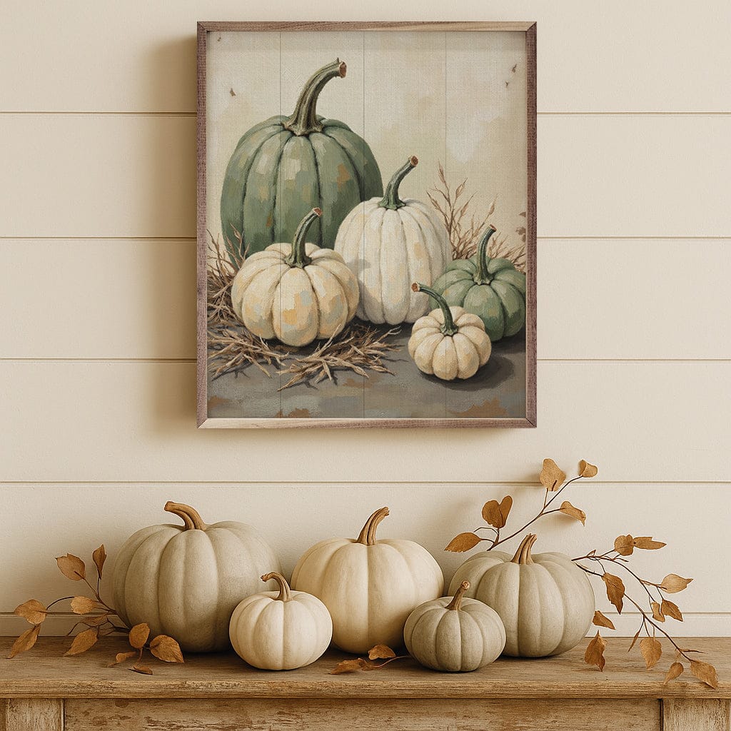 Kendrick Home Walnut Frames Green And White Pumpkins In Straw Printed and Framed Wall Sign