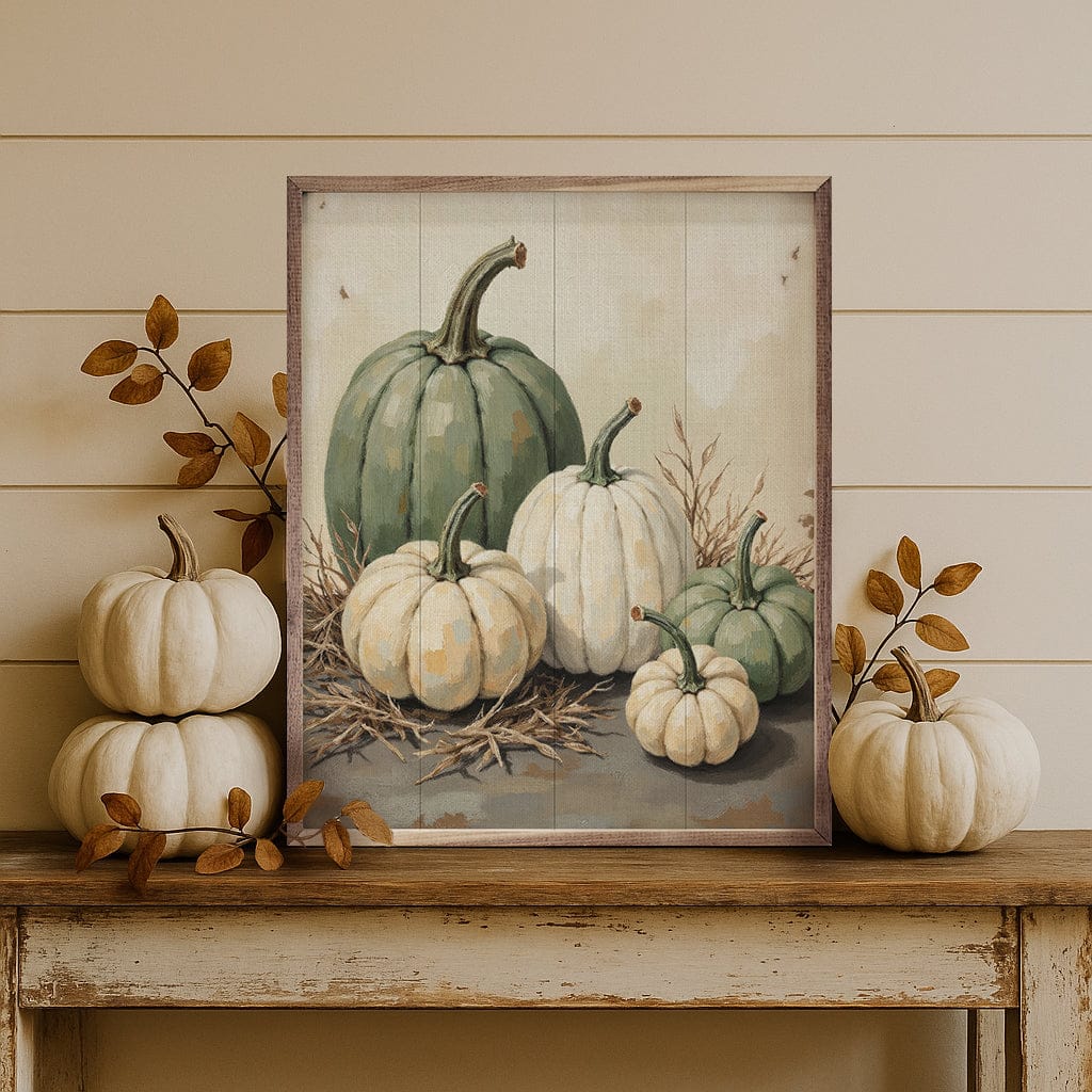 Kendrick Home Walnut Frames 8x10 Green And White Pumpkins In Straw Printed and Framed Wall Sign