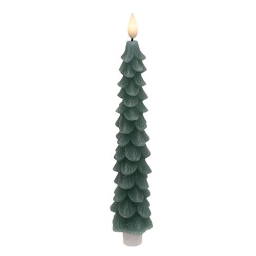 Green Christmas Tree LED Battery Candle Light Taper With Moving Flame & Timer