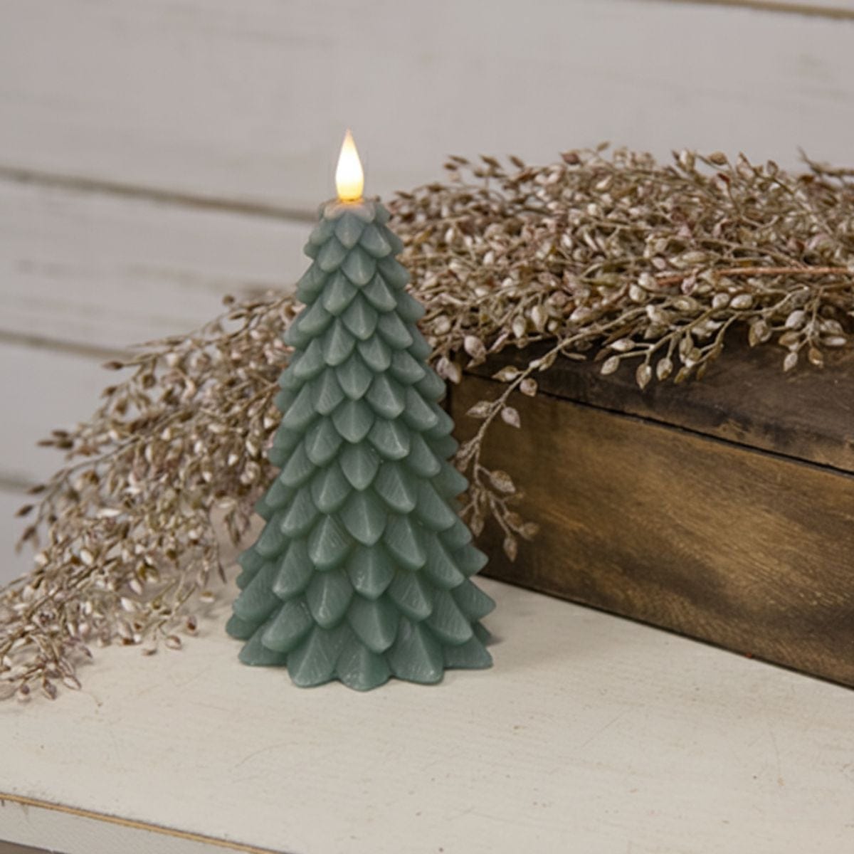 Green Christmas Tree LED Battery Candle With Timer & Moving Flame - 2 Sizes Available