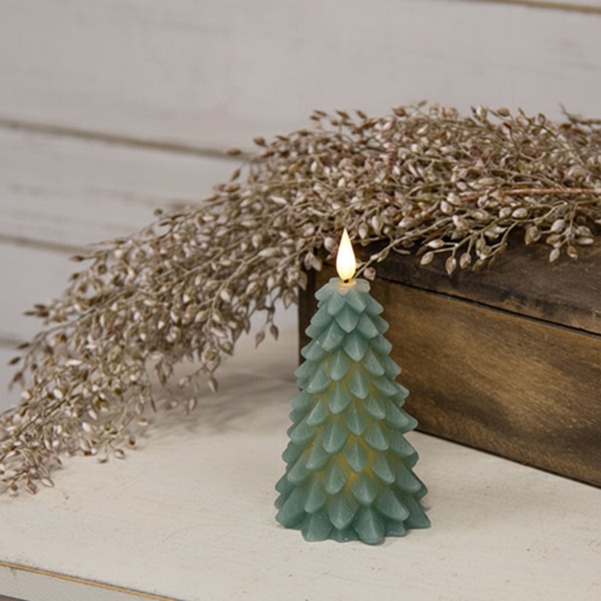 Green Christmas Tree LED Battery Candle With Timer & Moving Flame - 2 Sizes Available