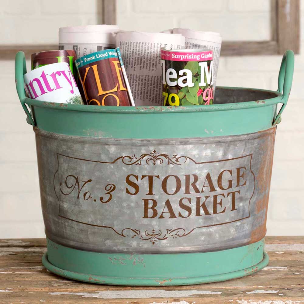 Green Metal &quot; No. 3 Large Storage Basket&quot; Pail / Bucket With Handles-CTW Home-The Village Merchant