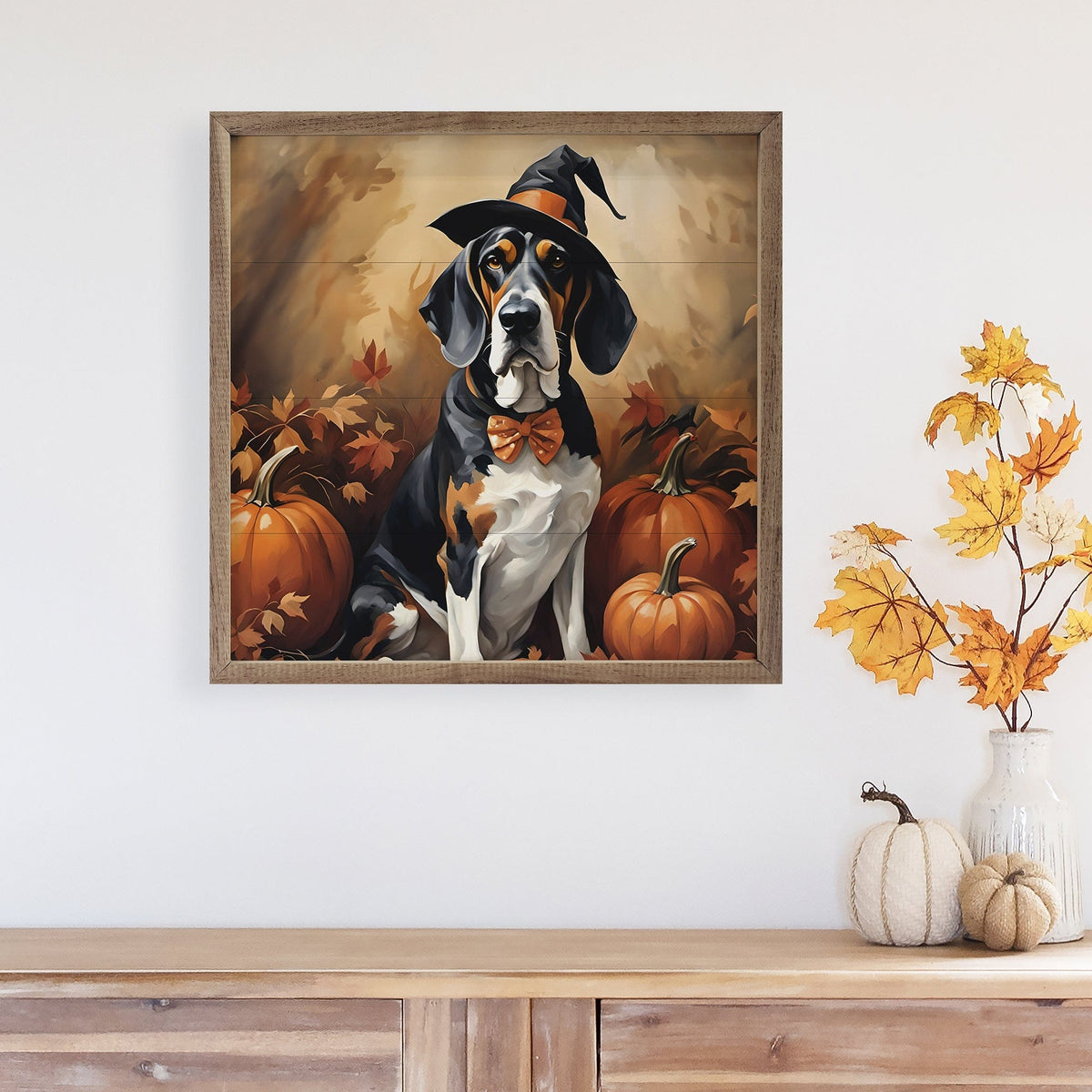 Kendrick Home Walnut Frames Halloween Basset Hound Printed and Framed Wall Sign