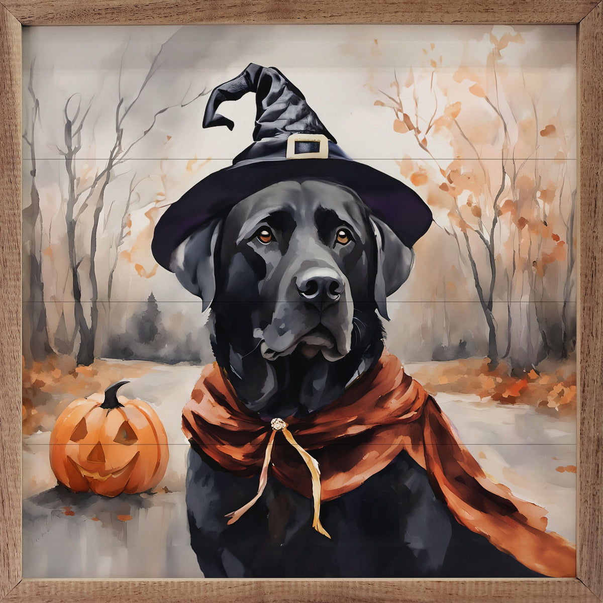 Kendrick Home Walnut Frames 4x4 Halloween Black Lab Printed and Framed Wall Sign