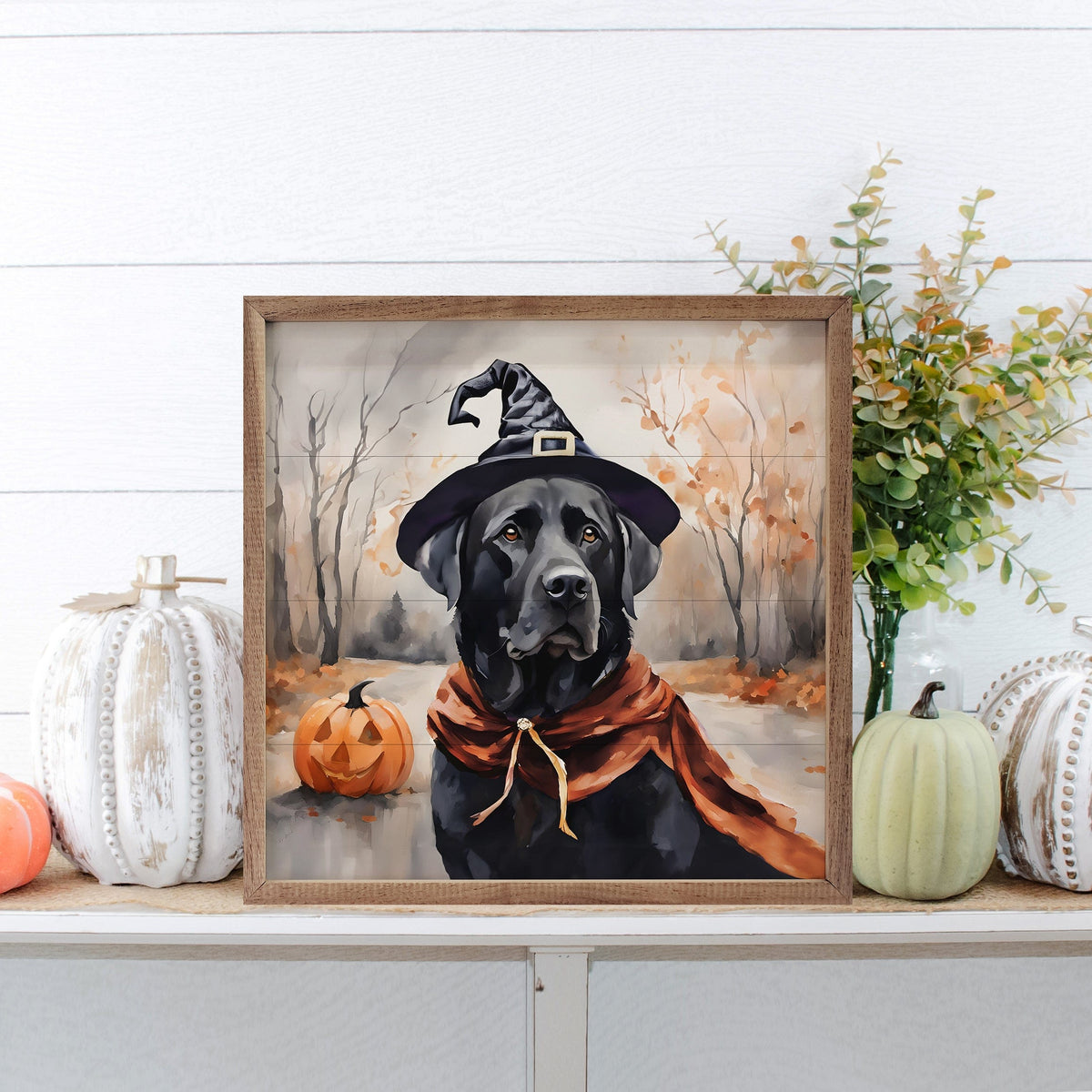 Kendrick Home Walnut Frames Halloween Black Lab Printed and Framed Wall Sign