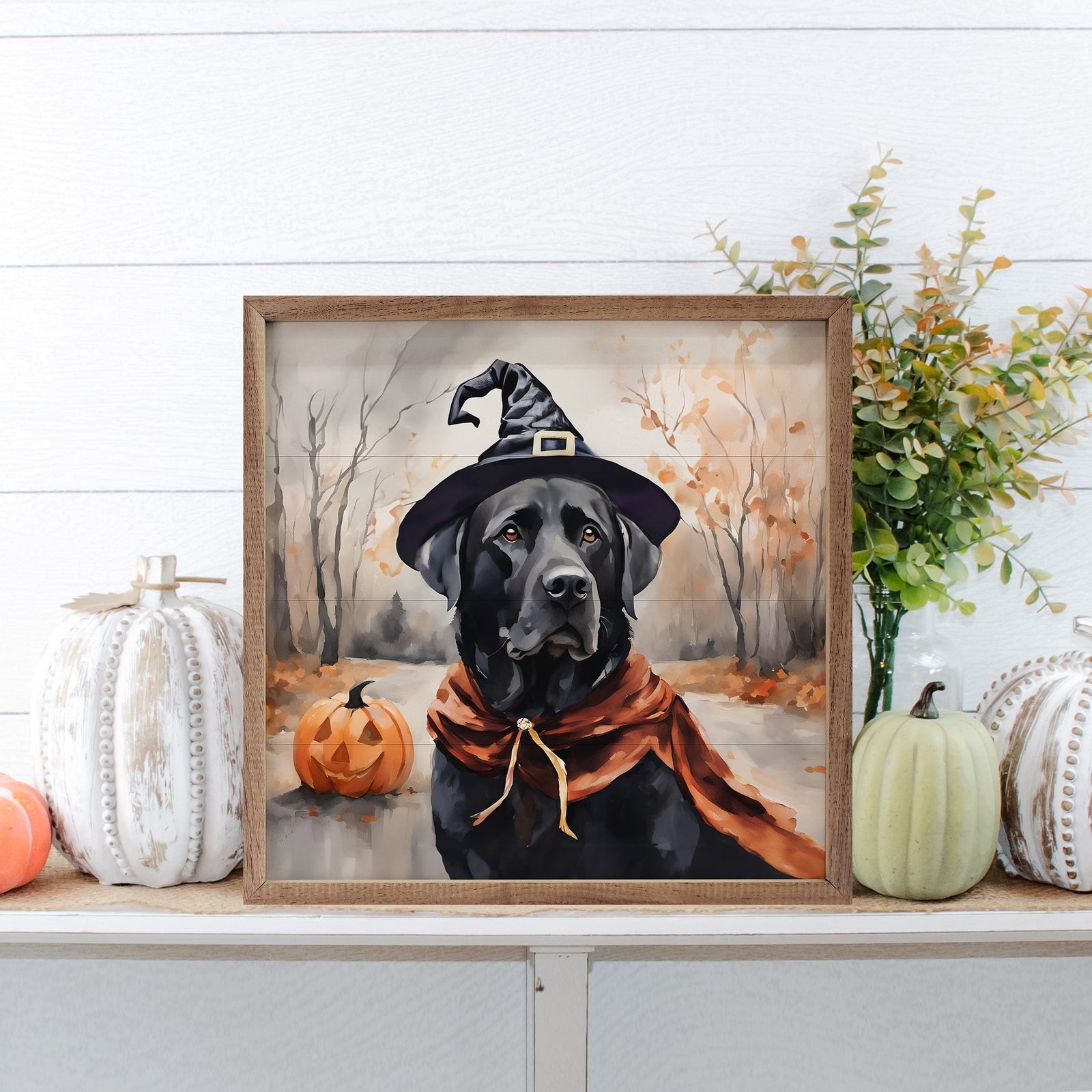 Kendrick Home Walnut Frames 4x4 Halloween Black Lab Printed and Framed Wall Sign