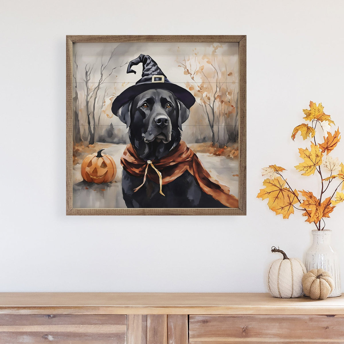 Kendrick Home Walnut Frames Halloween Black Lab Printed and Framed Wall Sign