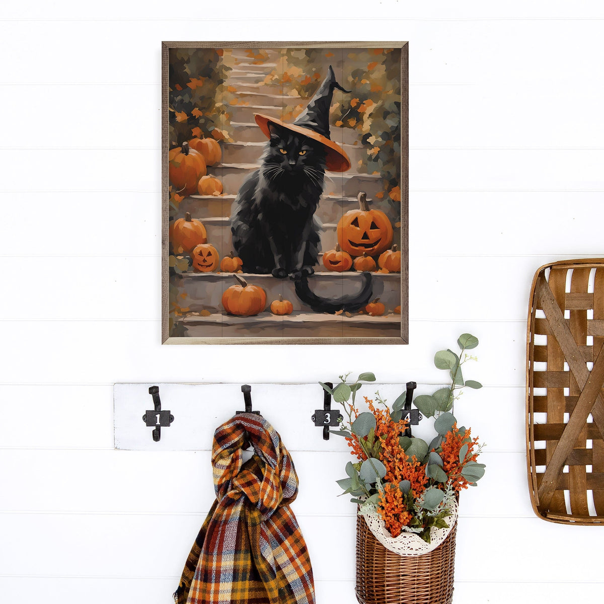 Kendrick Home Walnut Frames Halloween Cat With Hat Printed and Framed Wall Sign