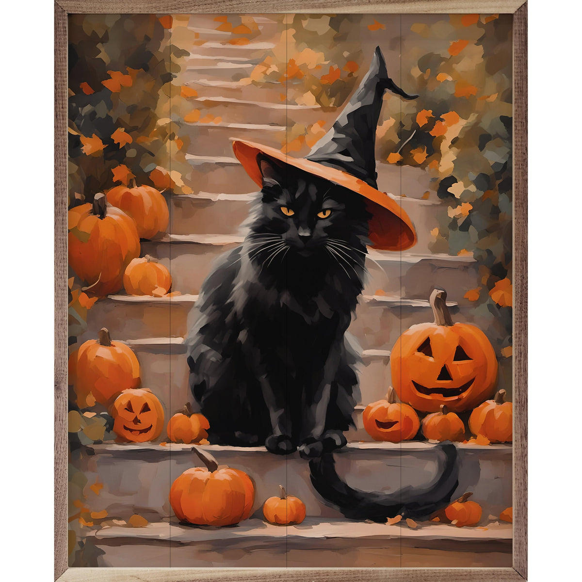 Kendrick Home Walnut Frames 8x10 Halloween Cat With Hat Printed and Framed Wall Sign