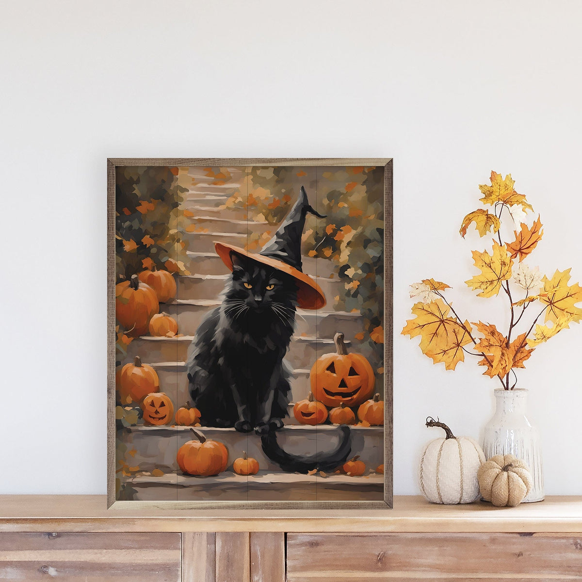 Kendrick Home Walnut Frames Halloween Cat With Hat Printed and Framed Wall Sign