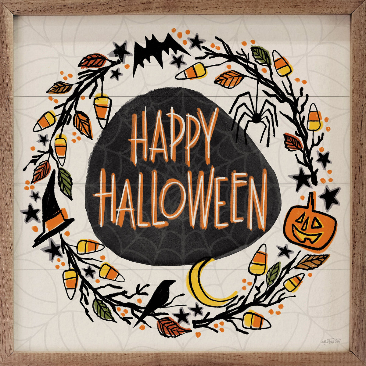 Kendrick Home Walnut Frames 4x4 Halloween Wreath II Watercolor By Anne Tavoletti