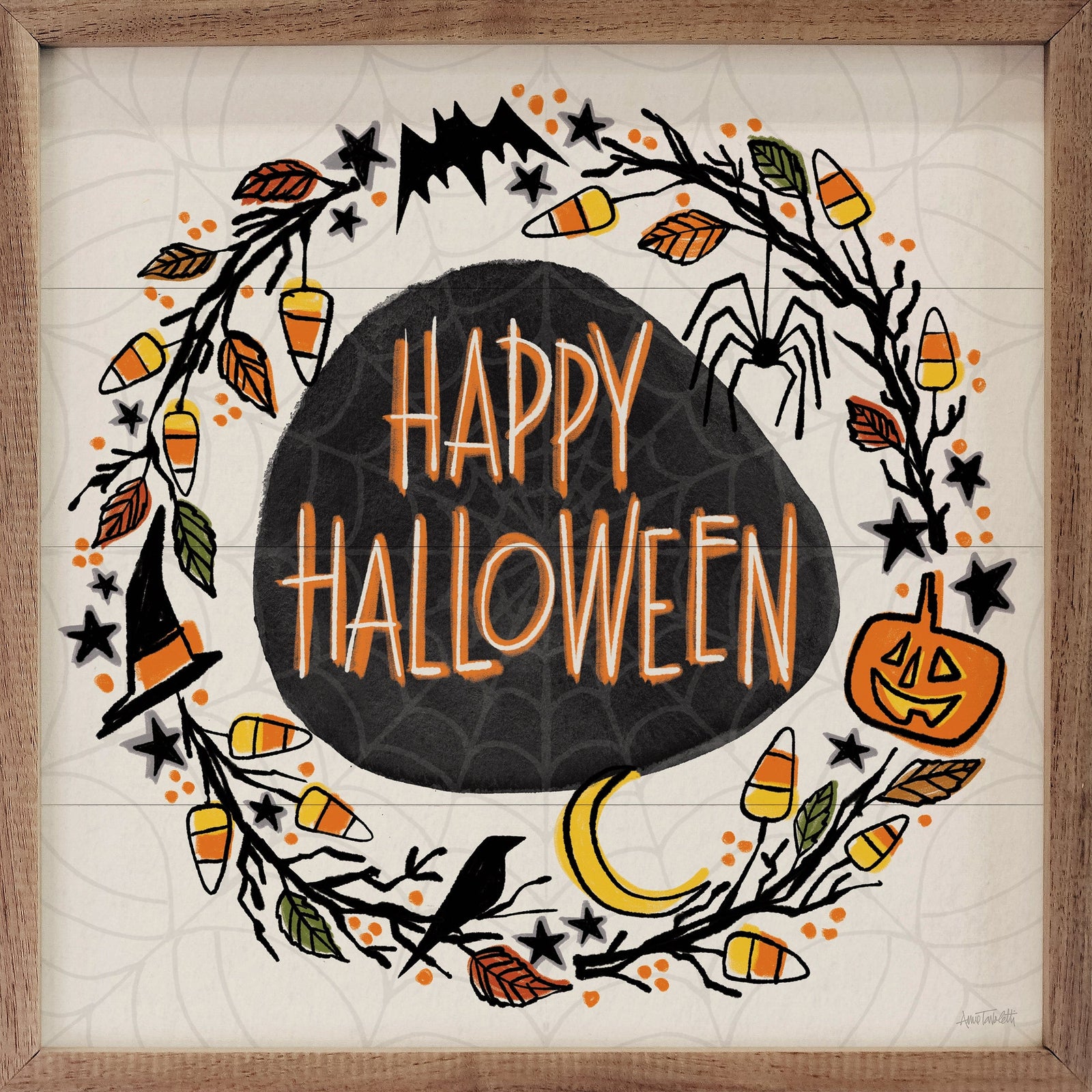 Kendrick Home Walnut Frames 4x4 Halloween Wreath II Watercolor By Anne Tavoletti