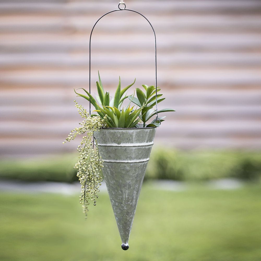 Hanging Flower Cone Planter With Swinging Handle Galvanized Metal-CTW Home-The Village Merchant