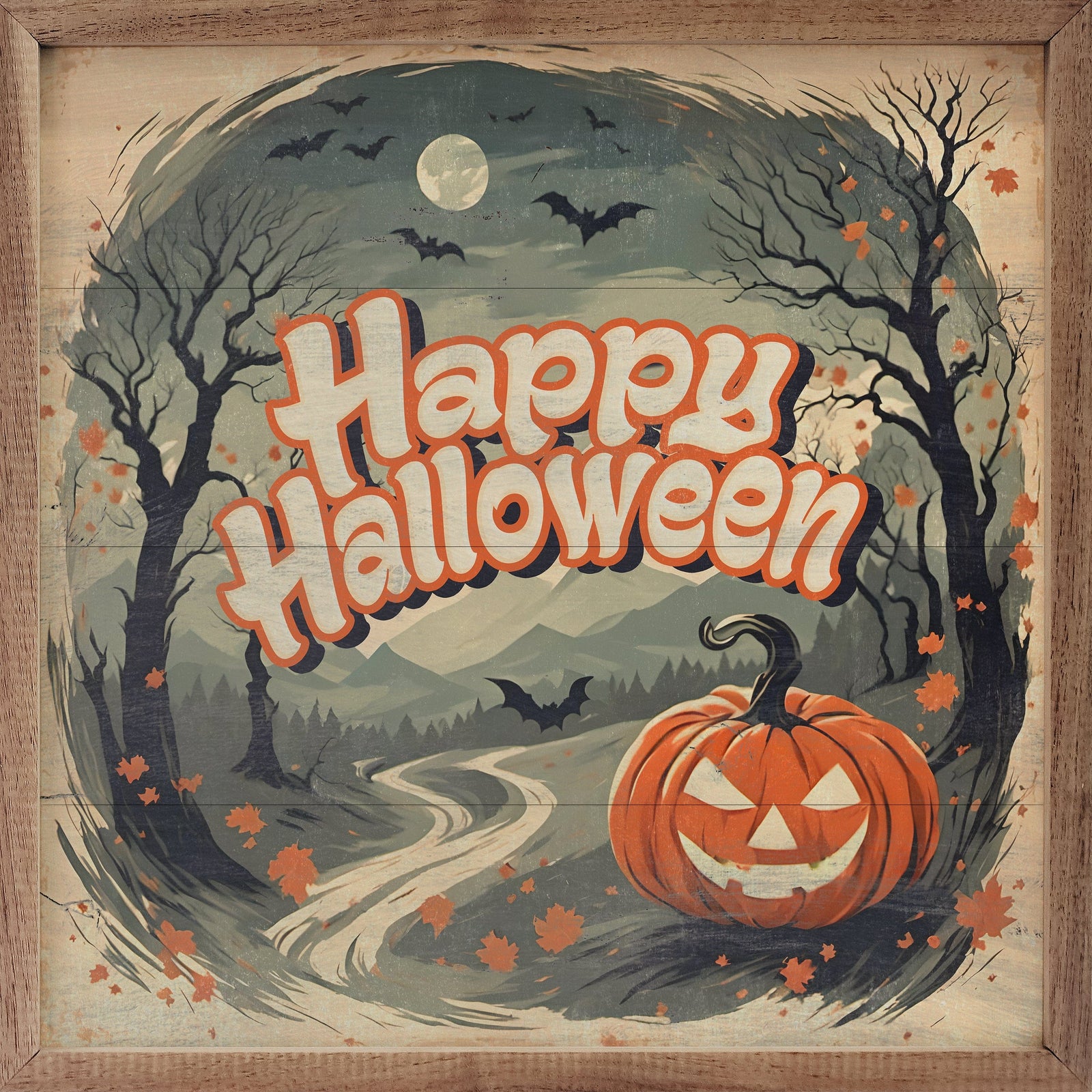 Kendrick Home Walnut Frames 4x4 Happy Halloween Jack O Lantern Printed and Framed Wall Sign