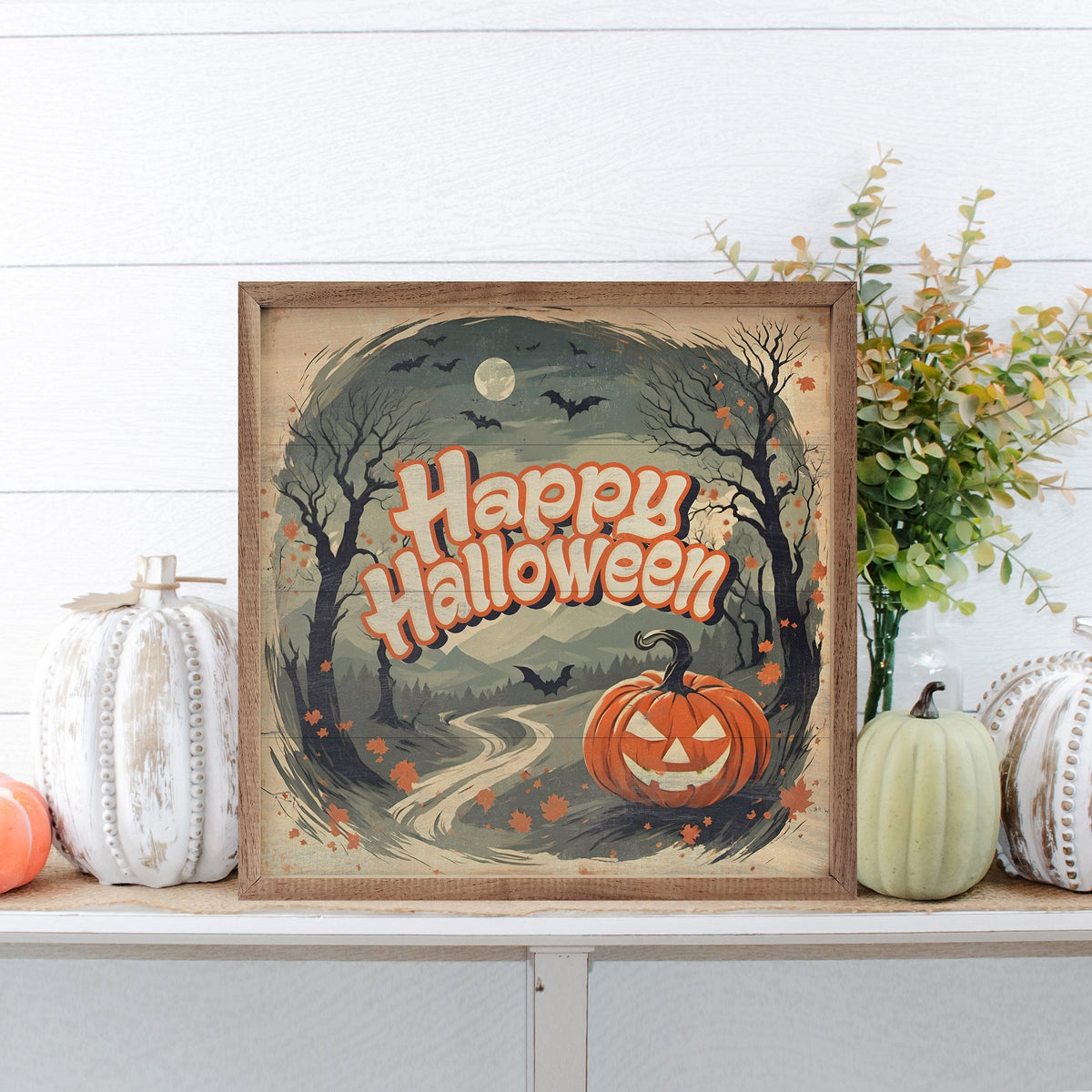 Kendrick Home Walnut Frames Happy Halloween Jack O Lantern Printed and Framed Wall Sign