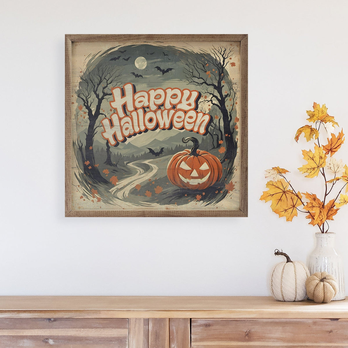 Kendrick Home Walnut Frames Happy Halloween Jack O Lantern Printed and Framed Wall Sign