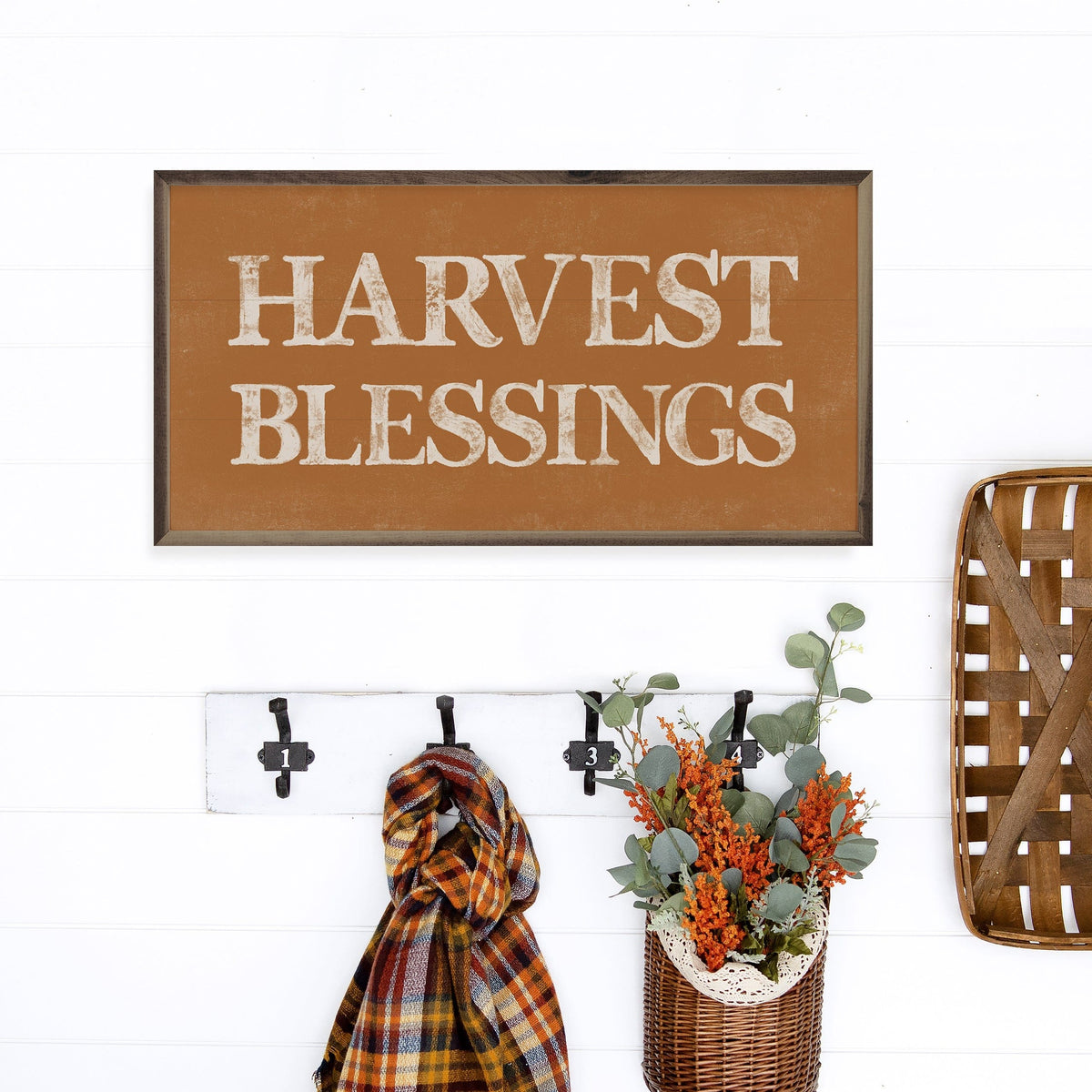 Kendrick Home Walnut Frames Harvest Blessings Orange Printed and Framed Wall Sign