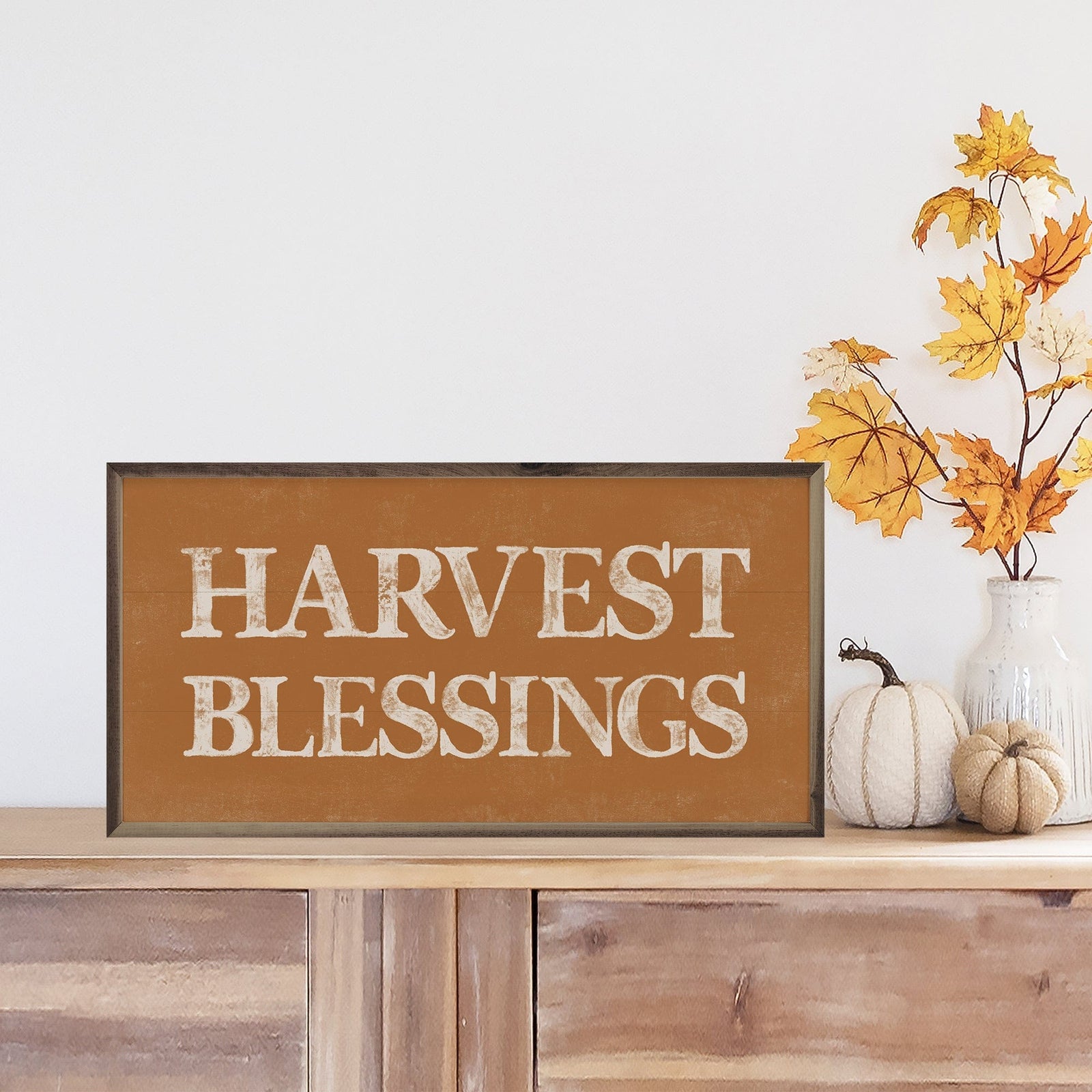 Kendrick Home Walnut Frames 16x8 Harvest Blessings Orange Printed and Framed Wall Sign