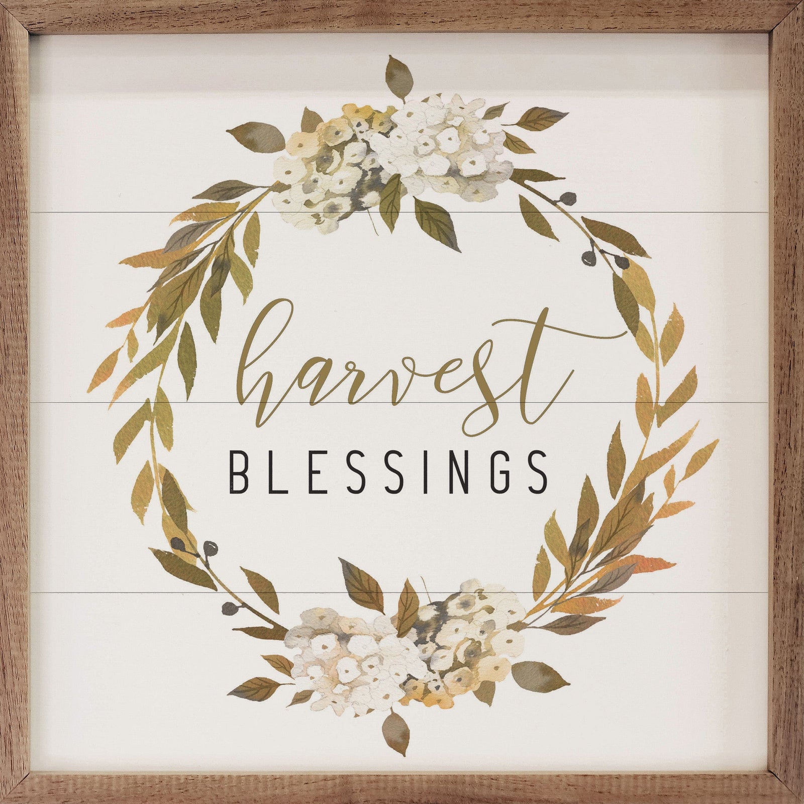 Kendrick Home Walnut Frames 4x4 Harvest Blessings Wreath White Printed and Framed Wall Sign