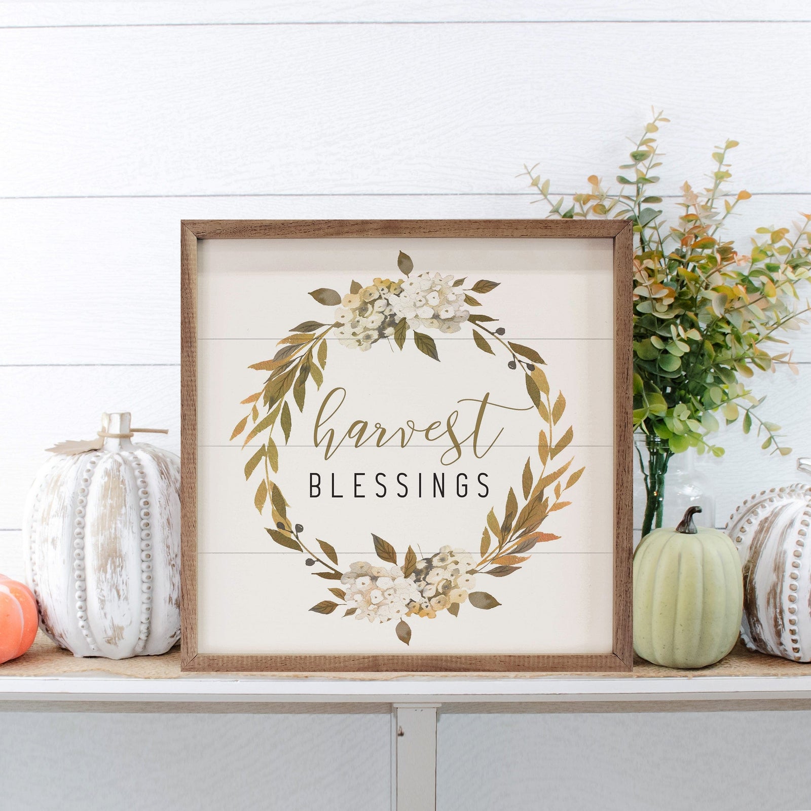 Kendrick Home Walnut Frames 4x4 Harvest Blessings Wreath White Printed and Framed Wall Sign