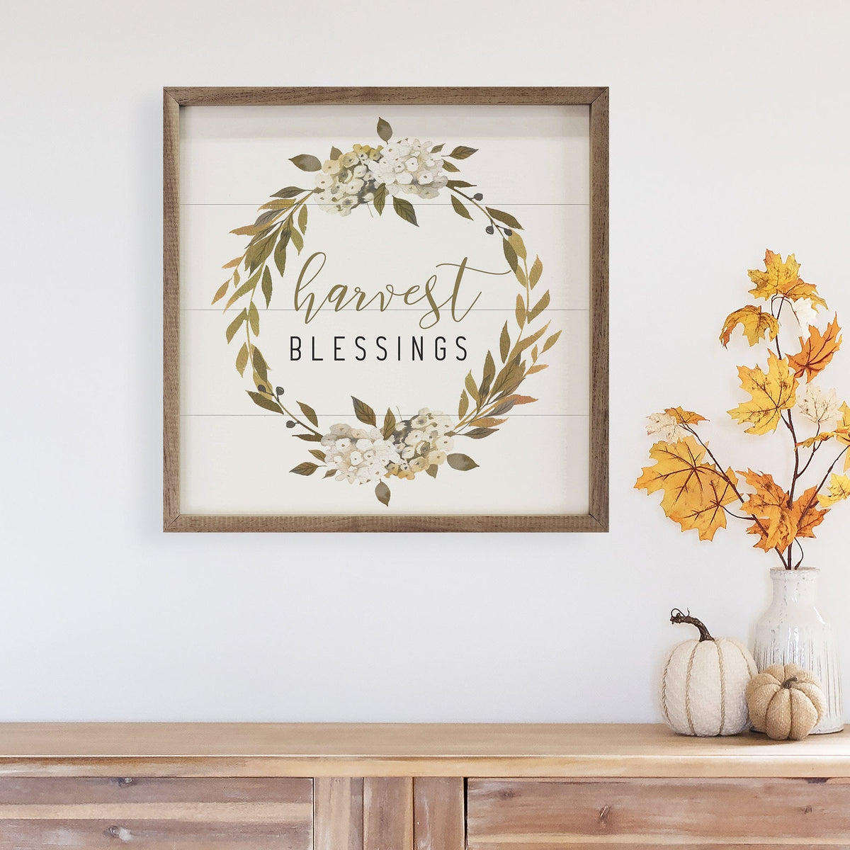 Kendrick Home Walnut Frames Harvest Blessings Wreath White Printed and Framed Wall Sign