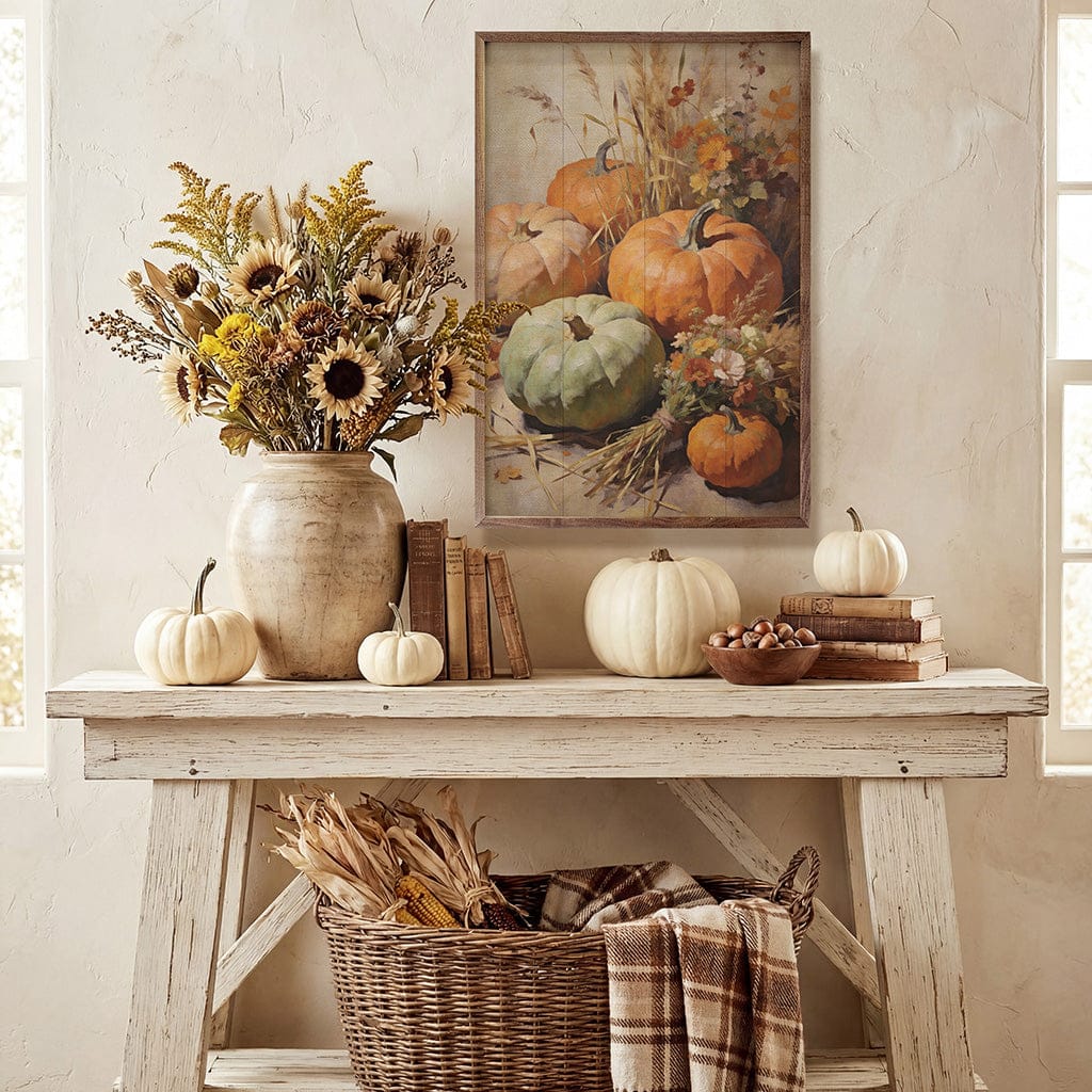 Kendrick Home Walnut Frames Harvest Gourds And Pumpkins Still Life Printed and Framed Wall Sign