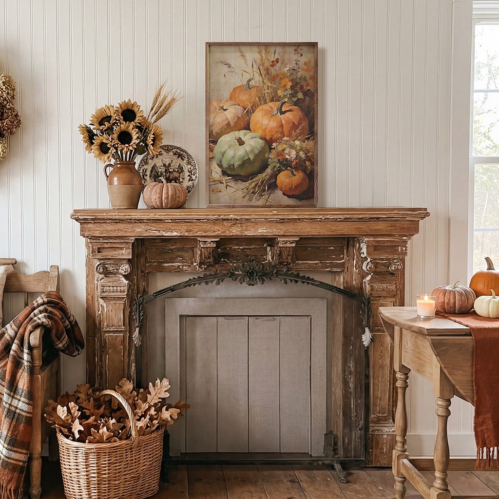 Kendrick Home Walnut Frames Harvest Gourds And Pumpkins Still Life Printed and Framed Wall Sign