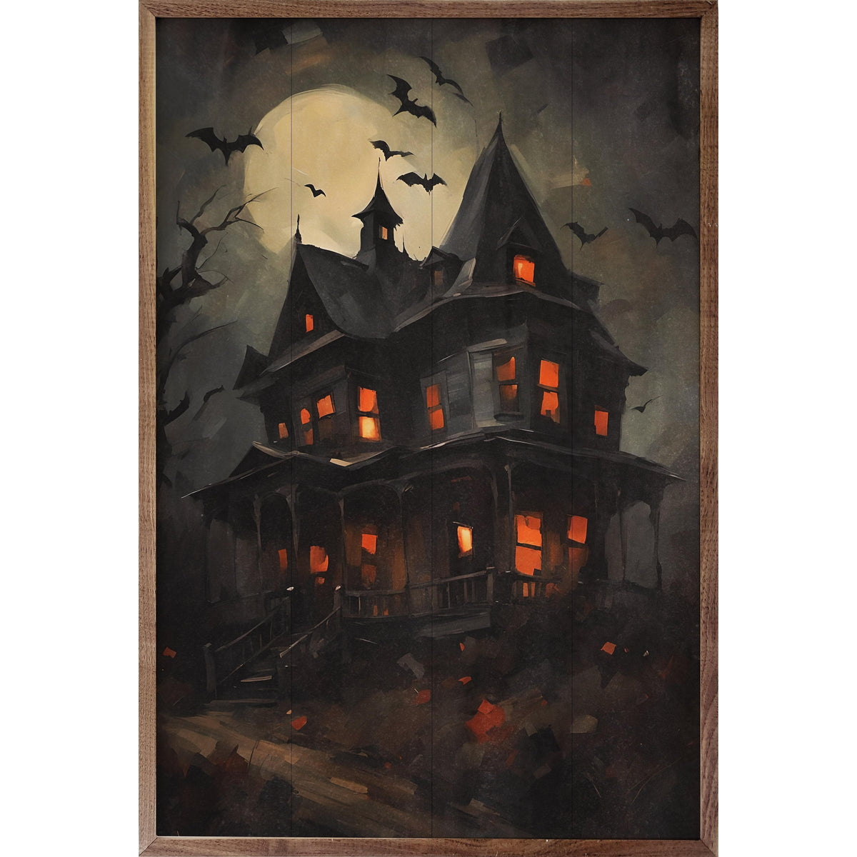 Kendrick Home Walnut Frames 5x8 Haunted House With Bats Printed and Framed Wall Sign