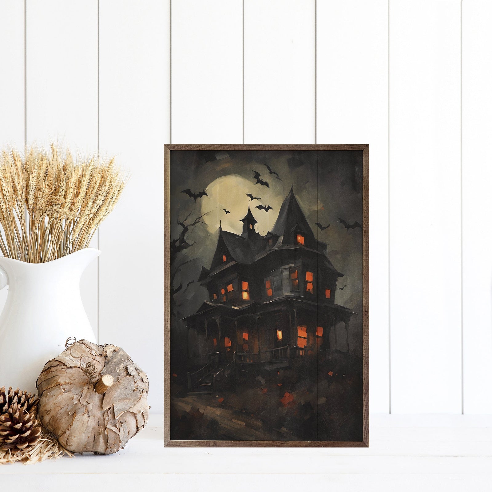 Kendrick Home Walnut Frames 5x8 Haunted House With Bats Printed and Framed Wall Sign