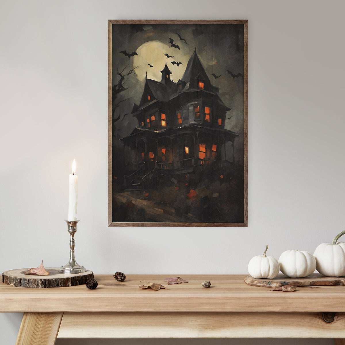 Kendrick Home Walnut Frames Haunted House With Bats Printed and Framed Wall Sign