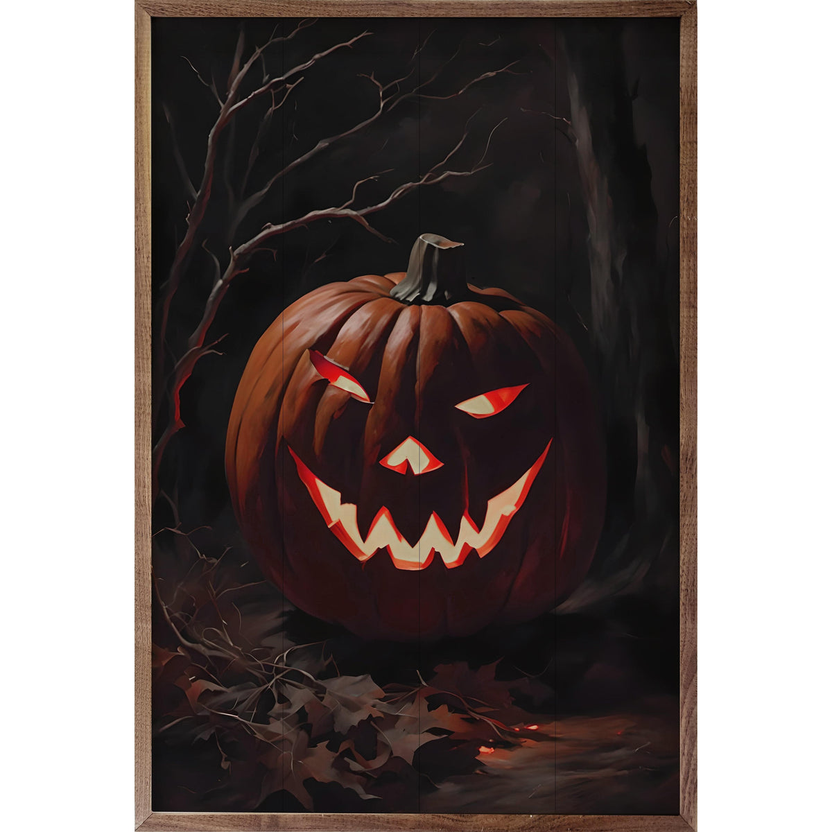 Kendrick Home Walnut Frames 5x8 Haunted Pumpkin At Night Printed and Framed Wall Sign
