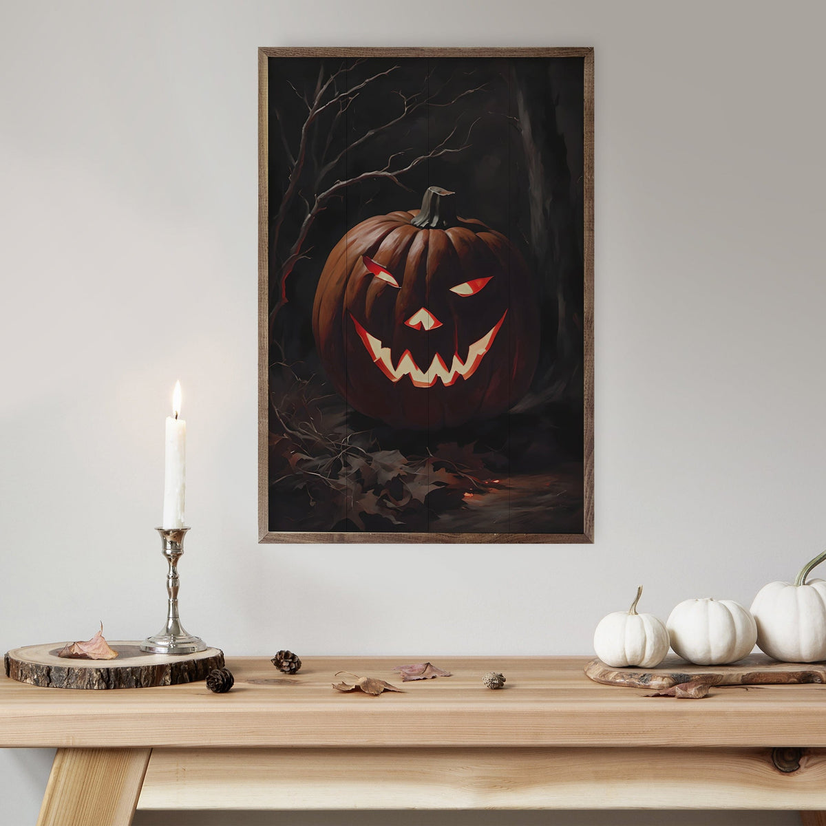 Kendrick Home Walnut Frames Haunted Pumpkin At Night Printed and Framed Wall Sign