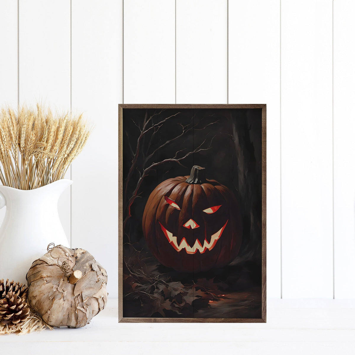 Kendrick Home Walnut Frames Haunted Pumpkin At Night Printed and Framed Wall Sign