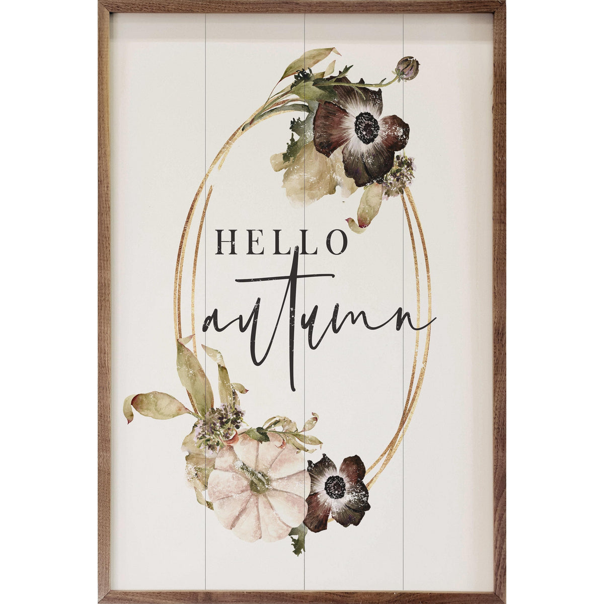 Kendrick Home Walnut Frames Hello Autumn Wreath White Printed and Framed Wall Sign
