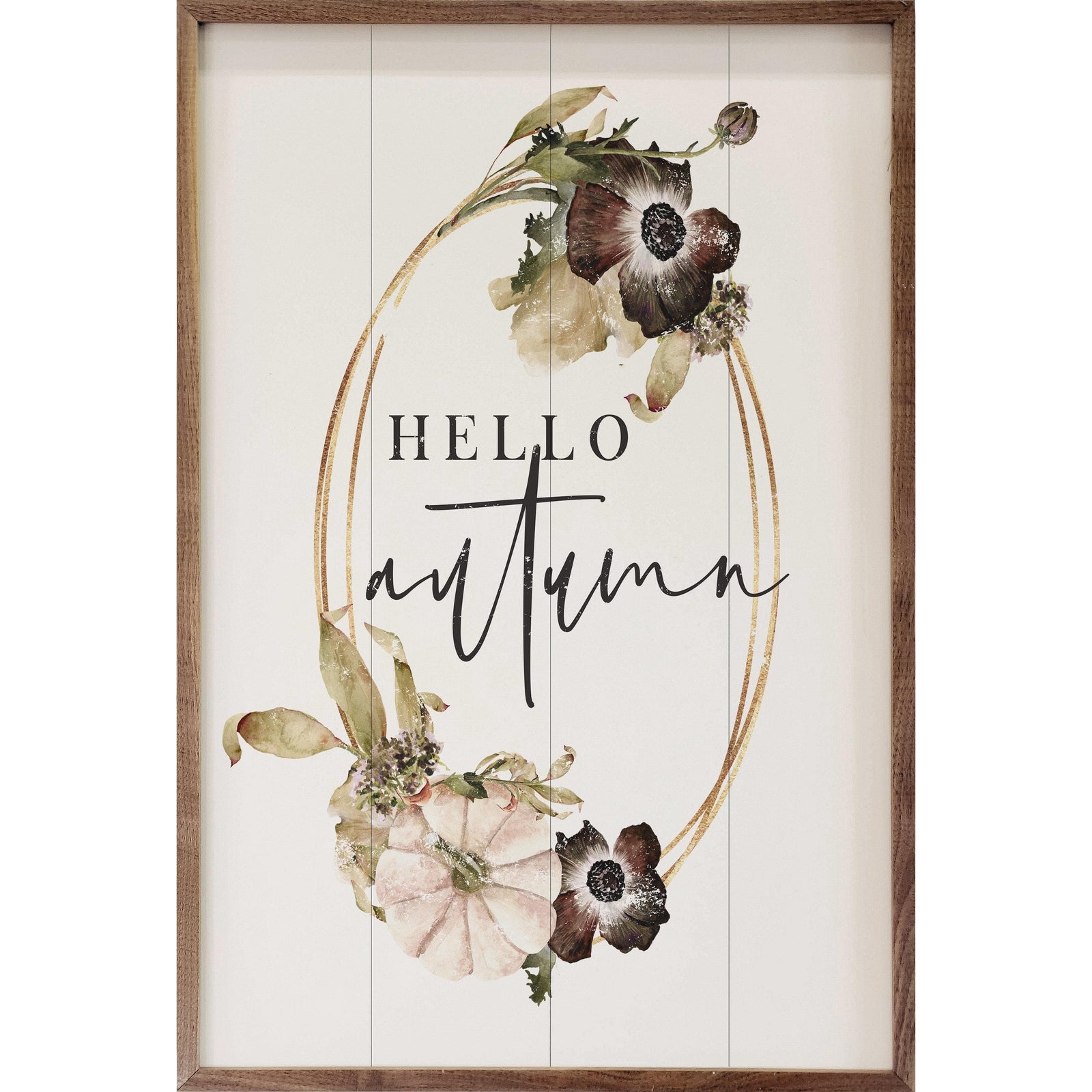 Kendrick Home Walnut Frames Hello Autumn Wreath White Printed and Framed Wall Sign