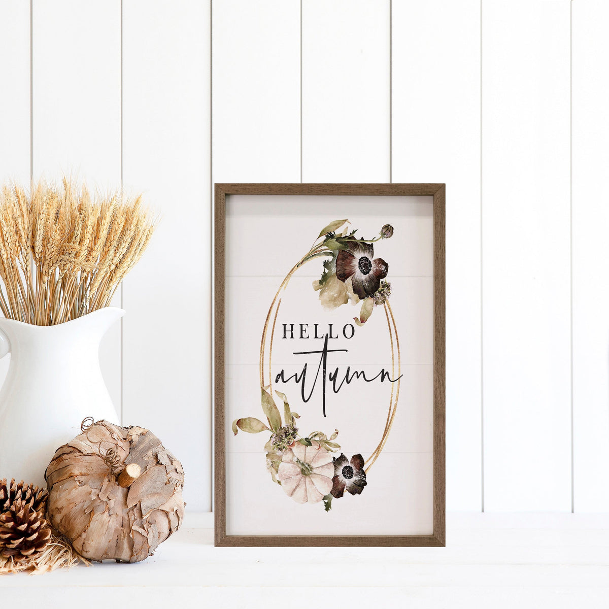 Kendrick Home Walnut Frames Hello Autumn Wreath White Printed and Framed Wall Sign