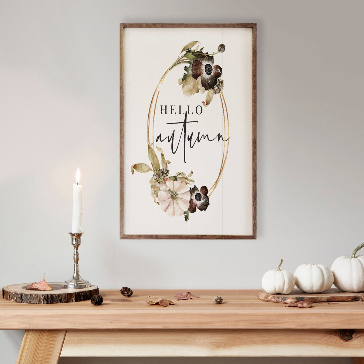 Kendrick Home Walnut Frames Hello Autumn Wreath White Printed and Framed Wall Sign