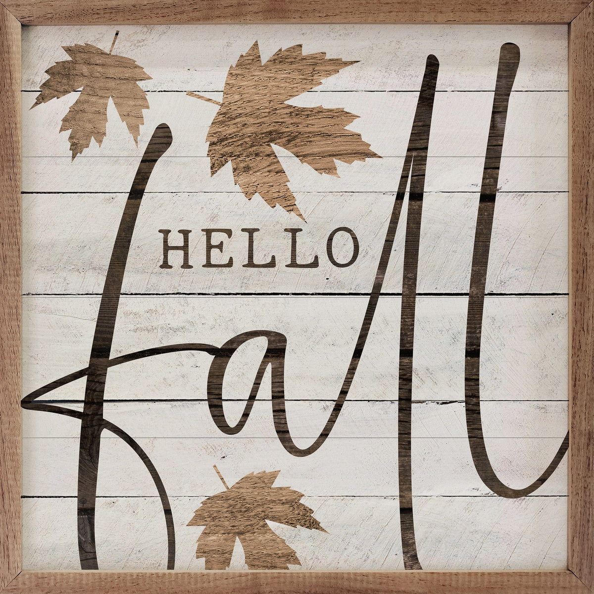 Kendrick Home Walnut Frames 4x4 Hello Fall Leaf Whitewash Printed and Framed Wall Sign