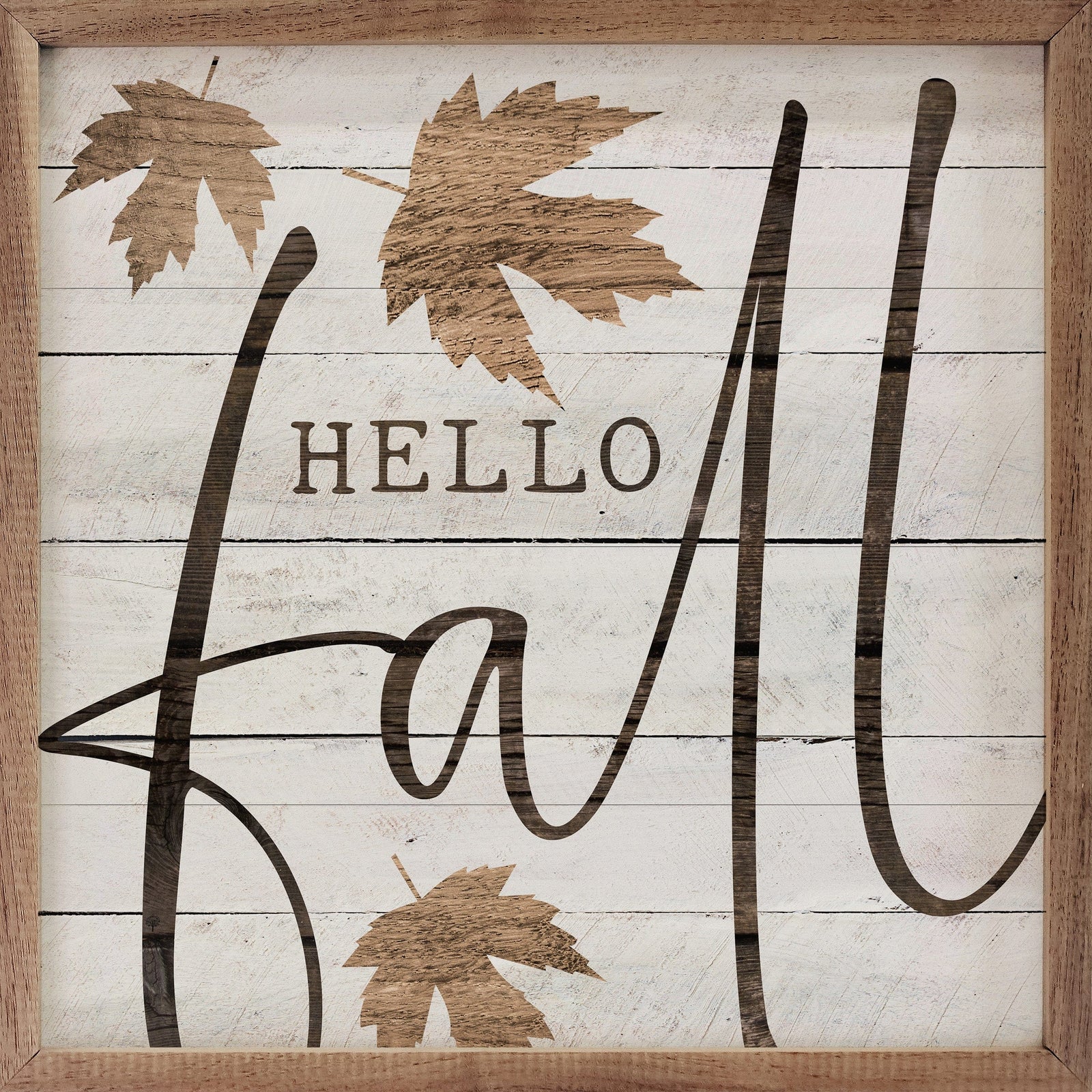 Kendrick Home Walnut Frames 4x4 Hello Fall Leaf Whitewash Printed and Framed Wall Sign
