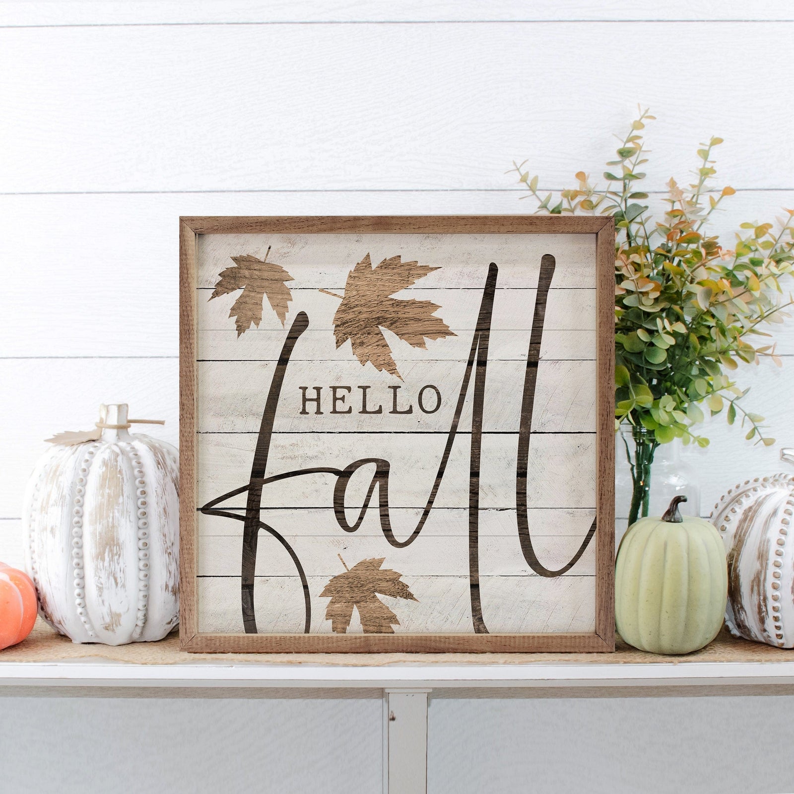 Kendrick Home Walnut Frames 4x4 Hello Fall Leaf Whitewash Printed and Framed Wall Sign