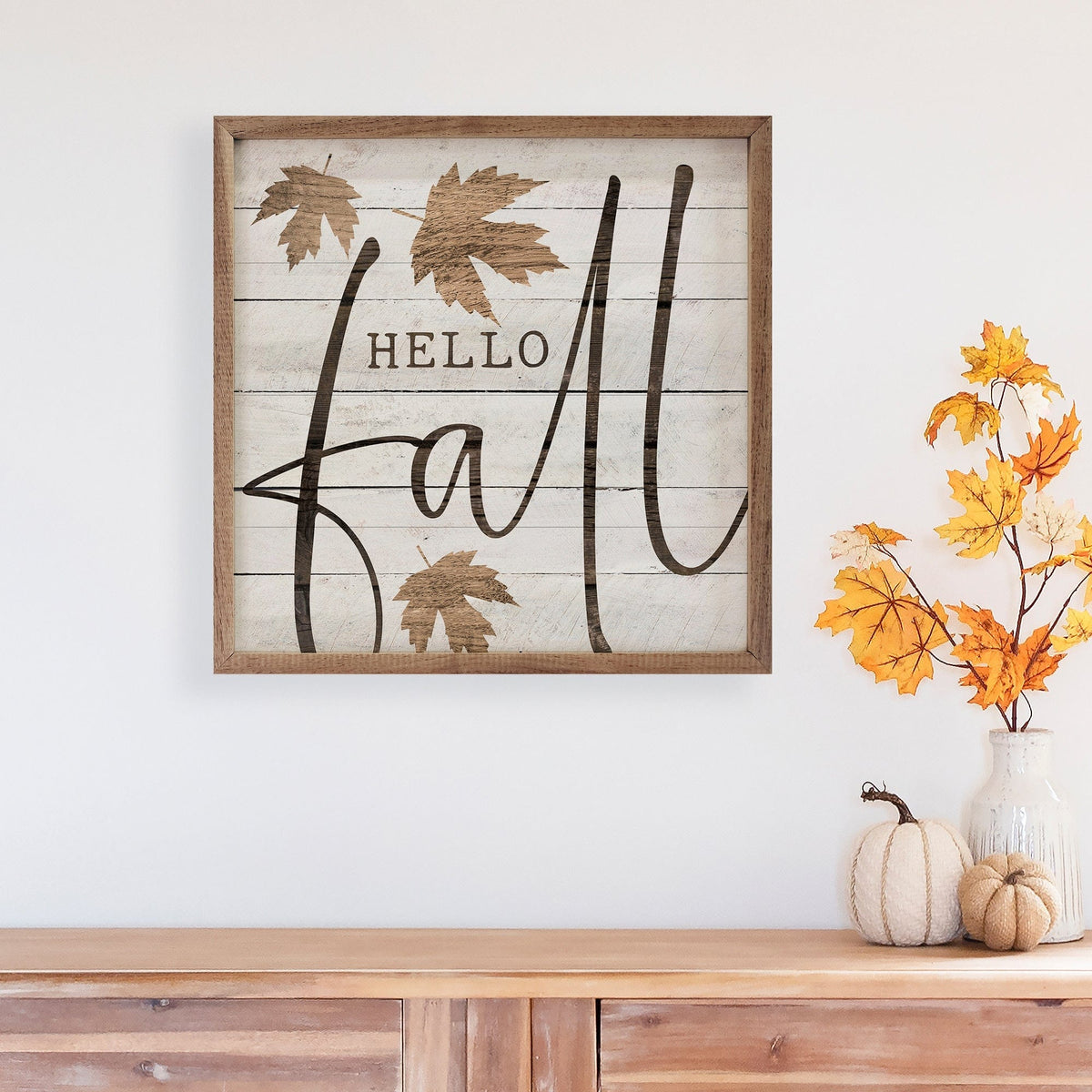 Kendrick Home Walnut Frames Hello Fall Leaf Whitewash Printed and Framed Wall Sign
