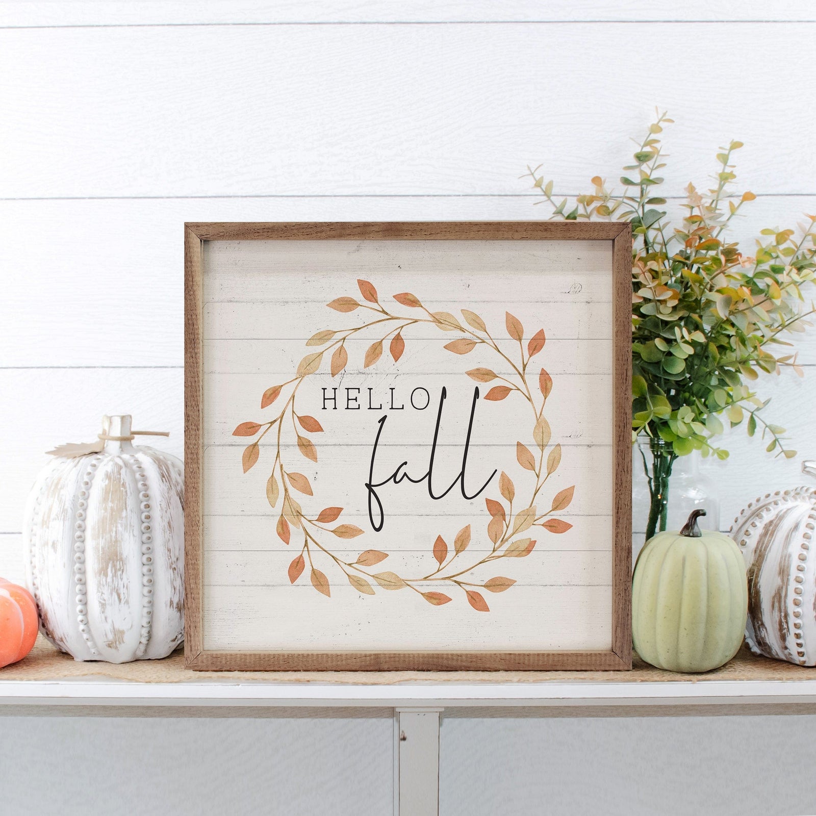 Kendrick Home Walnut Frames 4x4 Hello Fall Leaves Wreath Whitewash Printed and Framed Wall Sign