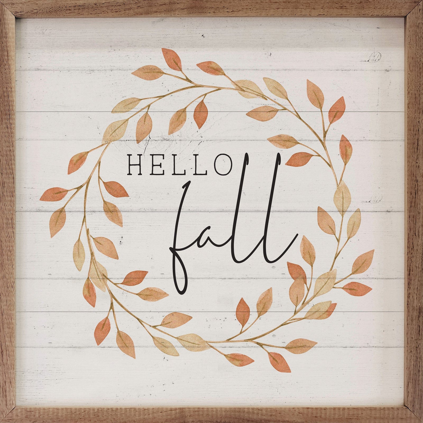 Kendrick Home Walnut Frames 4x4 Hello Fall Leaves Wreath Whitewash Printed and Framed Wall Sign