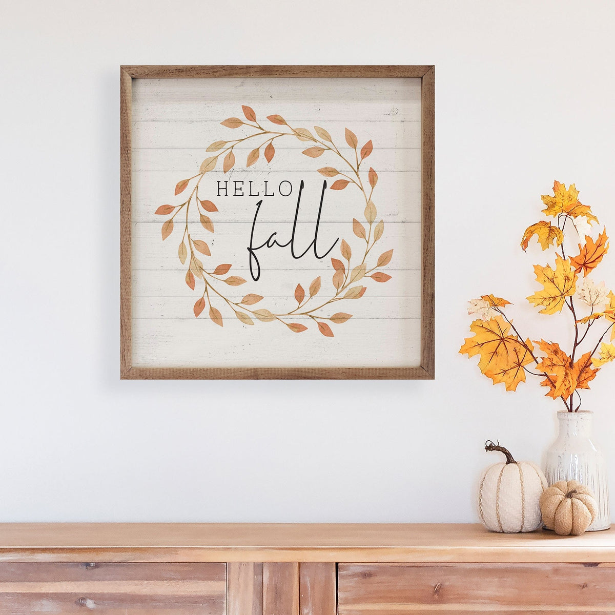 Kendrick Home Walnut Frames Hello Fall Leaves Wreath Whitewash Printed and Framed Wall Sign