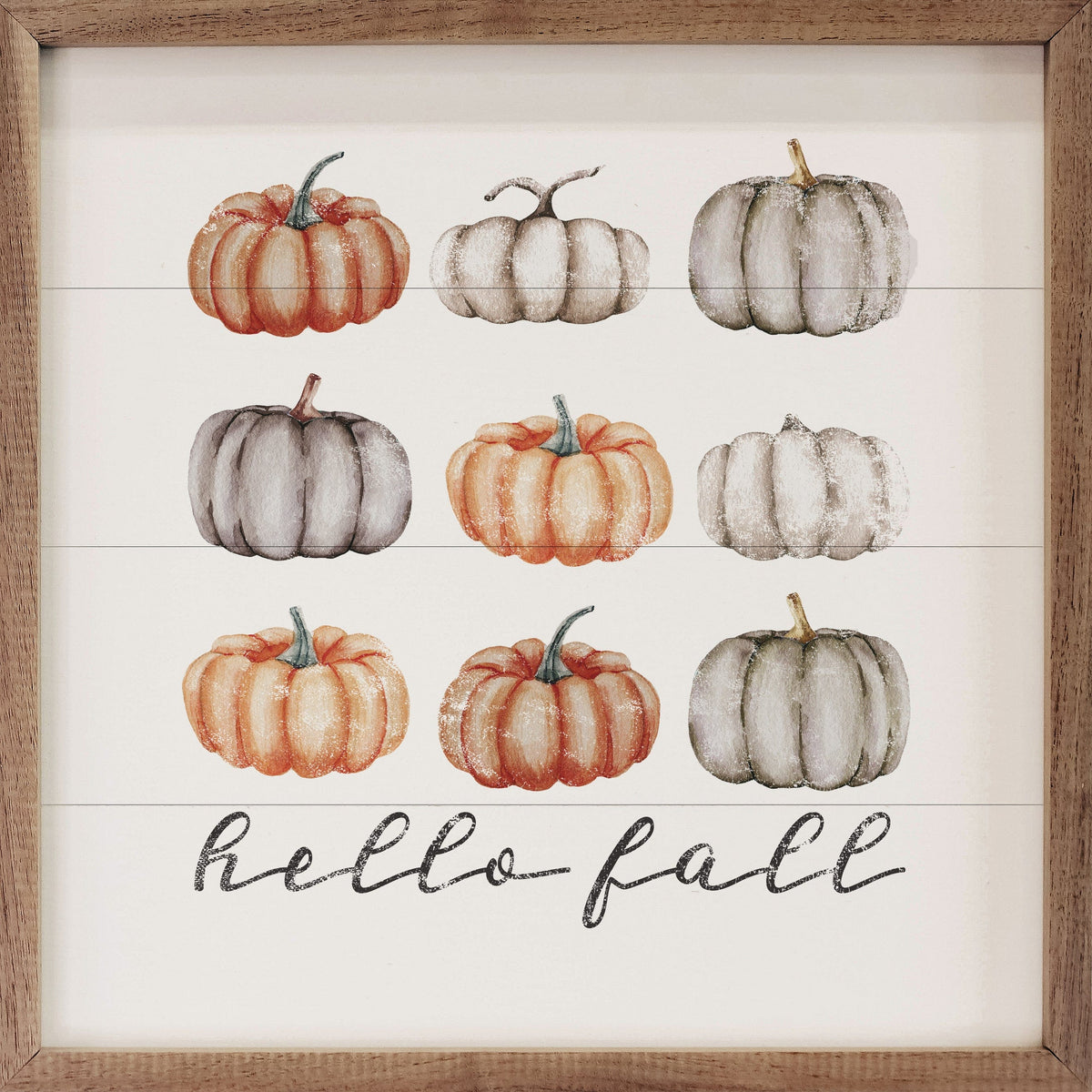 Kendrick Home Walnut Frames 4x4 Hello Fall Orange And Gray Pumpkins White Printed and Framed Wall Sign