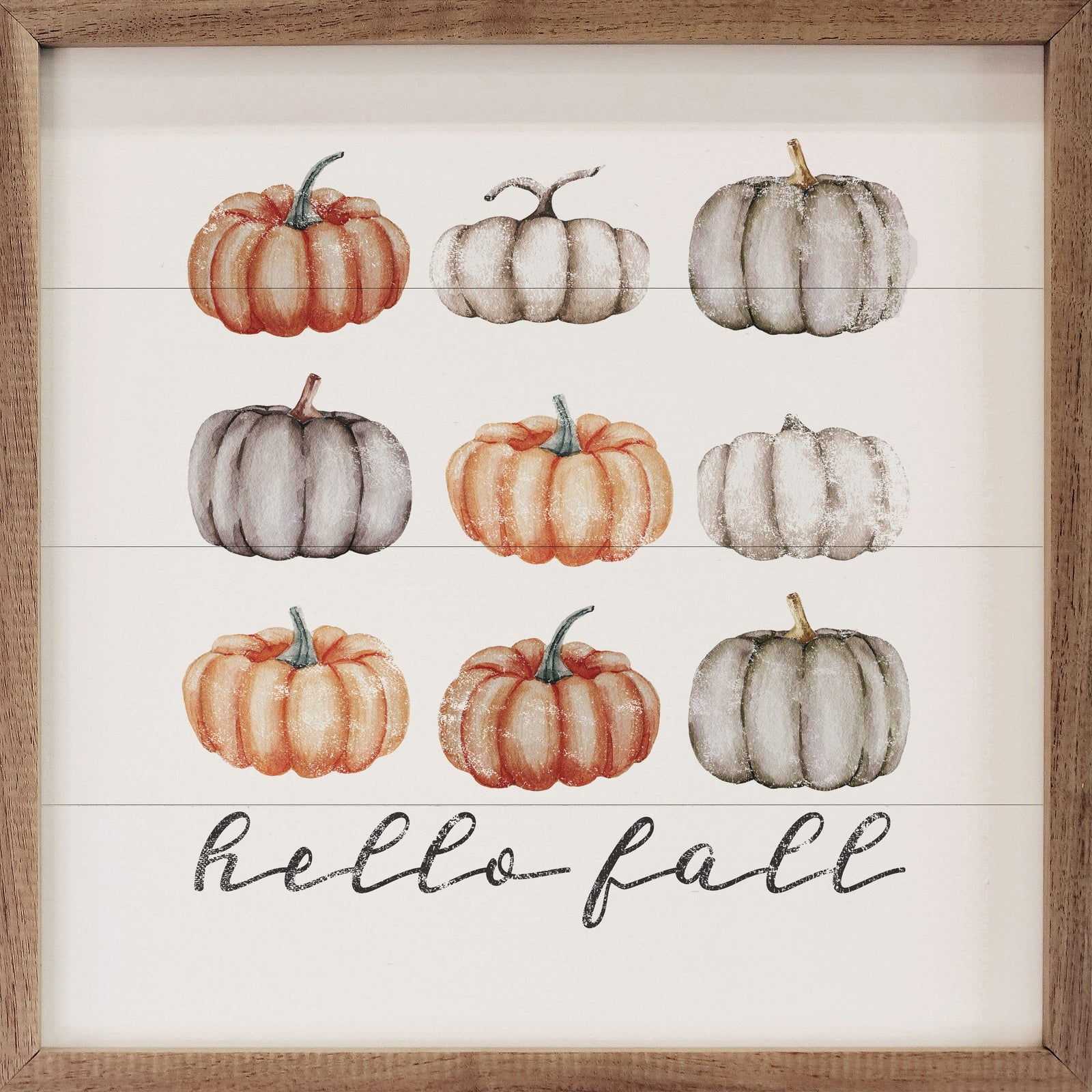 Kendrick Home Walnut Frames 4x4 Hello Fall Orange And Gray Pumpkins White Printed and Framed Wall Sign