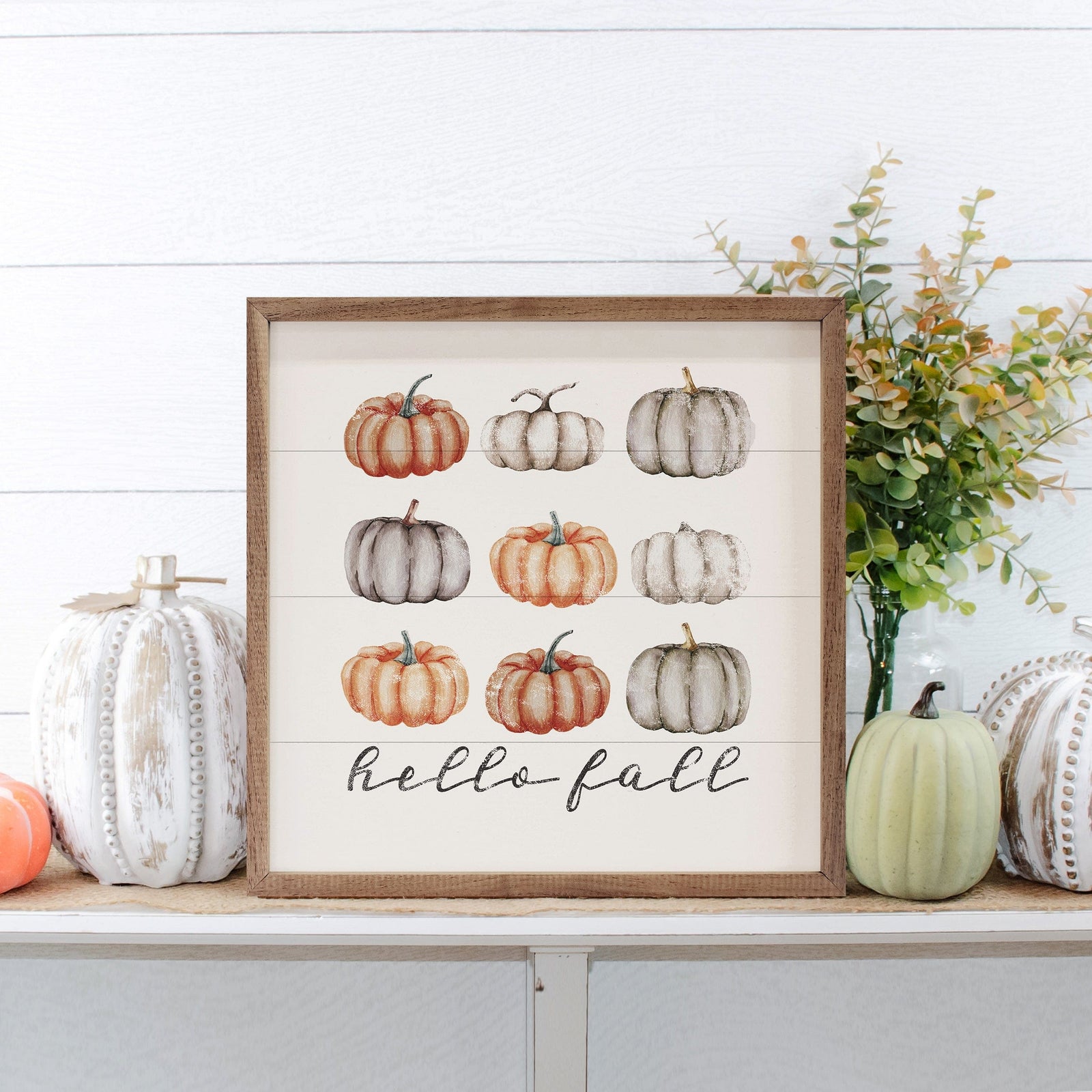 Kendrick Home Walnut Frames 4x4 Hello Fall Orange And Gray Pumpkins White Printed and Framed Wall Sign