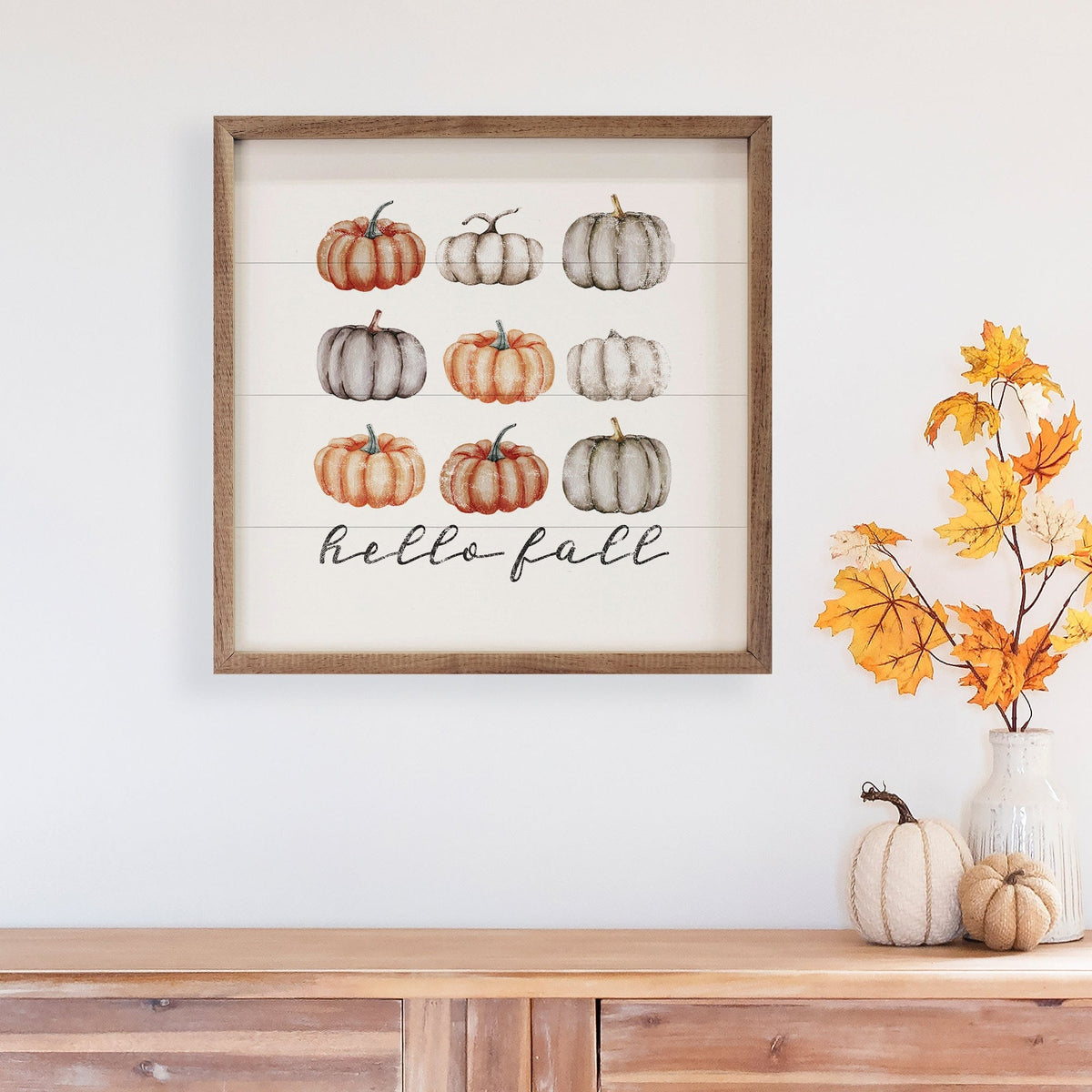 Kendrick Home Walnut Frames Hello Fall Orange And Gray Pumpkins White Printed and Framed Wall Sign