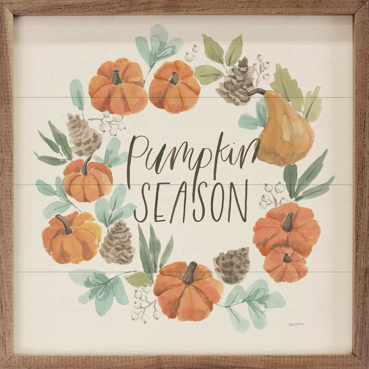 Kendrick Home Walnut Frames 4x4 Hello Pumpkin II Season Wreath By Jenaya Jackson Printed and Framed Wall Sign